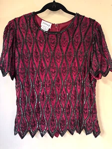 VTG Stenay Women's Burgundy Goth Glam 100% Silk Black Beaded Sequin Top Size L - Picture 1 of 16