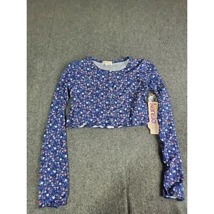 Kensie Girl Long Sleeve Floral Crop Top Navy Blue Clear Button Front Sz 12/NWT - Picture 1 of 6