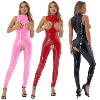 DE Damen Sexy Wetlook Aushöhlen LederLook Body Offene Büste Catsuit Overalls - Bild 1 von 3