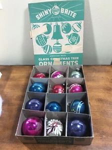 12 Vintage Shiny Brite Ball Ornaments Made In USA Stenciled Striped Christmas - Picture 1 of 10