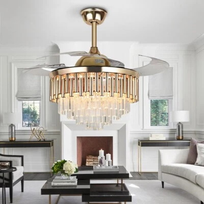 42" Luxury Crystal Invisible Ceiling Fan Lamp Remote Control LED Chandelier Gold - Image 1 of 4