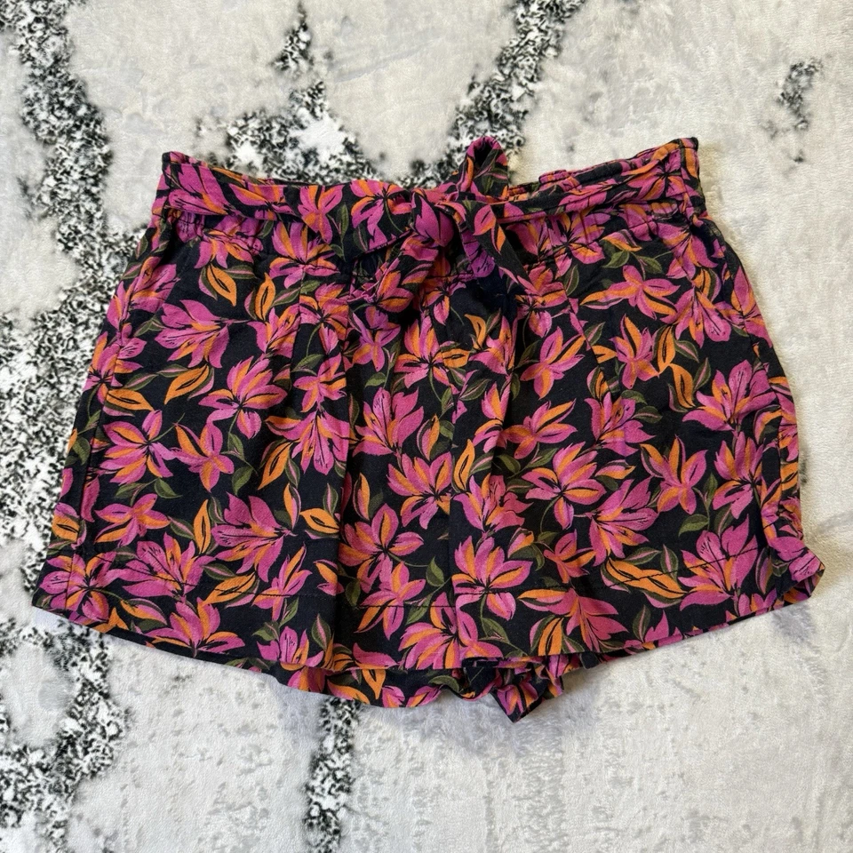 Pantalones Cortos Kensie Jeans Para Mujer Talla L Rosa Floral Multicolor Mezcla de Lino Corbata Cintura Foto 1 de 4