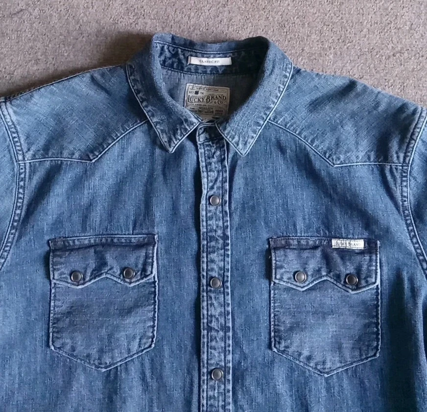 Camisa Lucky Brand Para Hombre Grande Azul Denim Perla Occidental Bolsillos Diente de Sierra A Presión Usada en Excelente Condición Foto 1 de 4