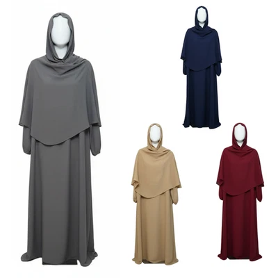 Kids Two Piece Abaya Set Crepe Maxi Dress with Khimar Hijab Elastic Cuffs