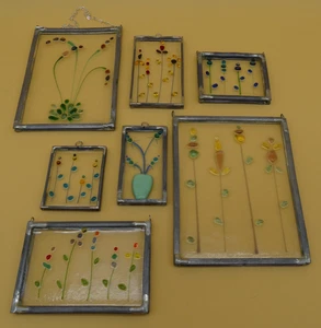 Lot Of 7 Vintage Mini Leaded Floral Abstract Fused Glass Hanging Suncatchers - Picture 1 of 9