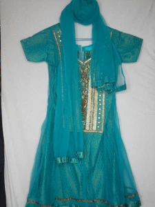 Gorgeous Beaded Teal Gold w Scarf Dress short sleeves Sz S Made in India - Picture 1 of 11