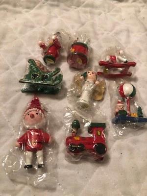 primitive Wooden Christmas Tree Ornament Sealed In Plastic Lot Of 8 Foto 1 de 4