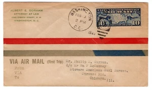 C7 Map FDC 10c Airmail 1926 FDC Albert Gorham Washington DC to Chicago - Picture 1 of 2