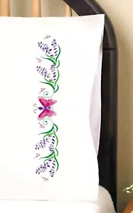 Stamped Embroidery ~ Design Works Pink Butterfly Pillowcases #T232218 - Picture 1 of 3