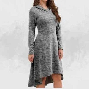 Women winter hooded warm grey asymmetrical dress casual fashion size large - Picture 1 of 3