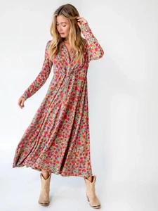 Natural Life Christa Cotton Maxi Dress Womens Sz Large Floral Watercolor Neon - Picture 1 of 3
