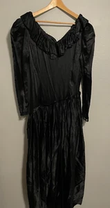 Vintage Womens Maxi Dress XL Black Satin Ruffle Drop Waist Victorian Goth Witchy - Picture 1 of 6