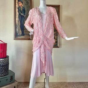 Vintage 1980s Pink Draped Lace Flapper Party Dress Mermaid Hem Coquette M/L - Picture 1 of 8