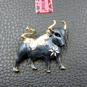 New Gray Enamel Cute Bull Betsey Johnson Animal Charm Brooch Pin Gift