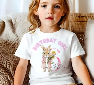 PERSONALISED Floral Pink bunny BIRTHDAY t-shirt,, rabbit design toddler tees, - Picture 1 of 2