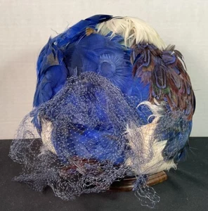 John Wanamaker Hat Vintage Feather Pillbox Blue - Picture 1 of 5