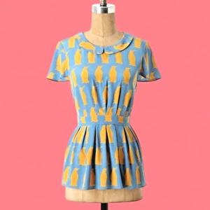 ANTHROPOLOGIE Adelie Bluse von Charlotte Taylor Pinguin blau Neuheit Top 14 L 2B - Bild 1 von 9