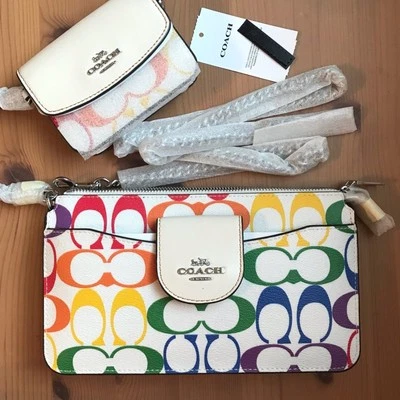 NUEVO CON ETIQUETAS 🌈 Bandolera Coach Poppy con estuche para tarjetas en lona Rainbow Signature Foto 1 de 4