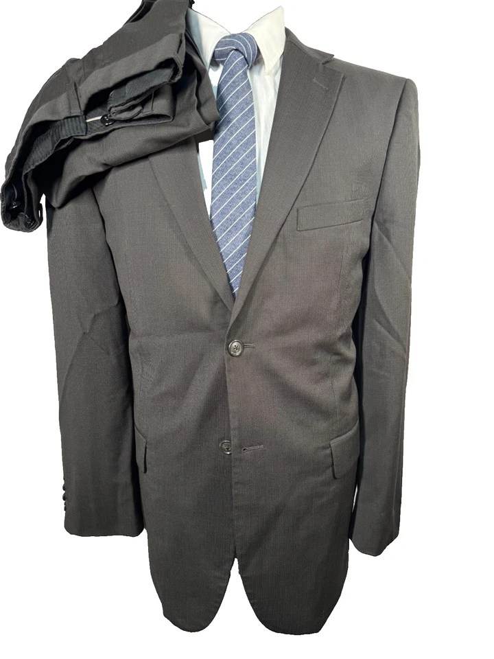 WILKE-RODRIGUEZ Hombre Marrón Lana Frente Plano 2 Piezas Traje 40L Chaqueta 33x31 Pantalón Foto 1 de 4