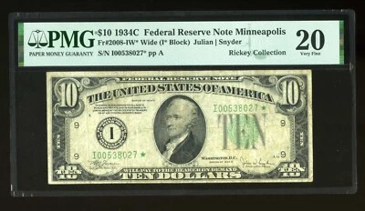 DBR 1934-C $10 Minneapolis Wide STAR Fr. 2008-IW* PMG VF-20 Serial I00538027* - Image 1 of 2