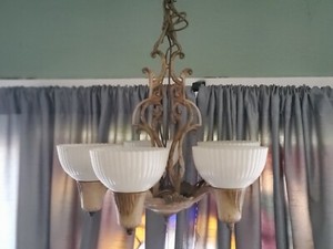 Antique Art Nouveau Cast Iron Pendant Ceiling 5Light Chandelier Milk glass D-009