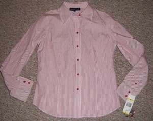 Jones New York Signature Red White Stripe Long Sleeve Blouse Lace Trim Medium - Picture 1 of 7