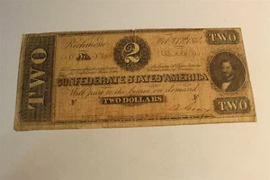 CONFEDERATE STATES $2 BANK NOTE FEB 17, 1864  - Picture 1 of 2