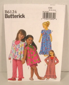 Ropa de dormir fácil Butterick 6124: vestido, top, pantalones cortos y pantalones niñas patrón 2-5 sin cortar - Imagen 1 de 3