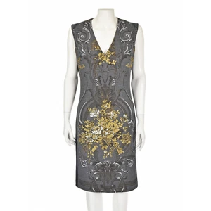 ROBERTO CAVALLI graues Woll-Etuikleid mit goldenem Blumenmuster Gr. US8-10 neu ohne Etikett - Bild 1 von 8