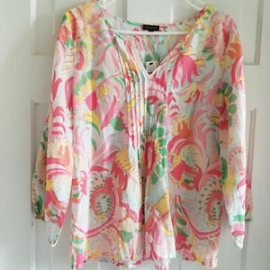 Talbots Damen Blumen Puffärmel Plissee V-Ausschnitt Bluse Top Baumwolle Gr. S Neu - Bild 1 von 10