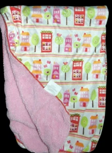 SL Home Fashions Pink Cupcakes Bakery Houses Trees Blanket Lovey - Picture 1 of 3