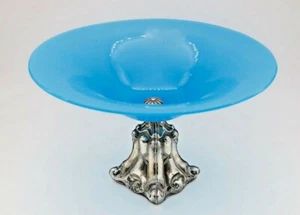 Antiguo plato de compota francés de plata esterlina ~ TAZZA OPALINA AZUL ~ - Imagen 1 de 9