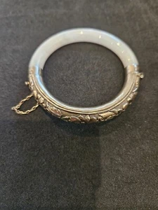 Vintage Chinese Silver and Natural Untreated White Jade Bangle/Bracelet - Picture 1 of 1