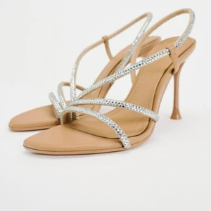 ZARA NWT HEELED SANDALS WITH RHINESTONE STRAPS SIZE 7.5 - Picture 1 of 6
