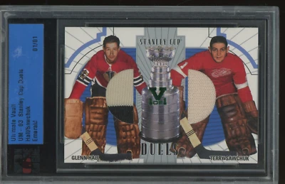 2003 ITG Ultimate Vault Glenn Hall Terry Sawchuk Emerald Stanley Cup Duals 1/1 - Image 1 of 2