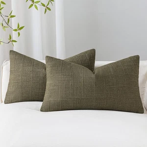 Olive Green Linen Plaid Checkered Throw Pillow Covers 12x20 Set of 2, Neutral... - Bild 1 von 8