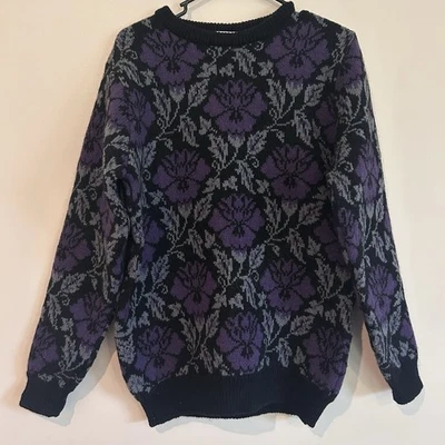 Vtg Laura Ashley Scotland 100% Wool Pullover Sweater Sz M/L Floral Heavy Purple - Image 1 of 4