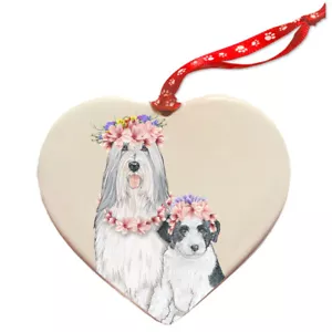 Bearded Collie Porcelain Floral Heart Shaped Double-Sided Ornament Décor - Picture 1 of 2