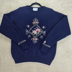 Deans Of Scotland 100% Wool Womens Blue Sweater W/ Floral Needlepoint Size Xl - Picture 1 of 23