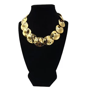 Vintage Chunky Statement Necklace Shiny Gold Tone Wavy Discs  17" long 1" wide - Picture 1 of 6