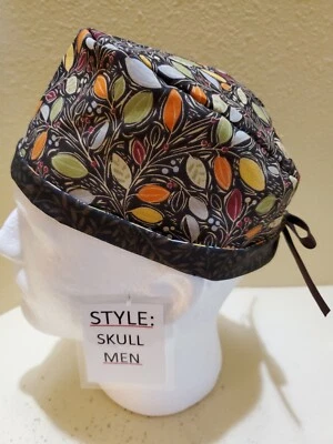 Fall Leaves (chocolate) Men's Skull/Chemo Surgical Scrub Hat/Cap Handmade - Image 1 of 4