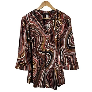 Cocomo Artsy Abstract Multicolor Top Size 1X Black Jersey Roll Tab Sleeve Career - Picture 1 of 5