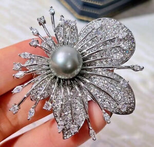Natural 10-11mm Gray Pearl Crystal Flower Brooches 18KGP For Women
