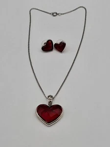 Silver tone Red acrylic rhinestone heart chain necklace pendant earring set D34 - Picture 1 of 11