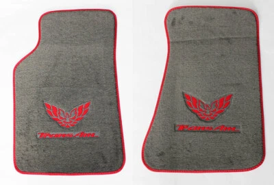 NEW! Carpet Floor Mats Gray 1982-2002 PONTIAC FIREBIRD Embroidered Logo in Red 2 - Image 1 of 4