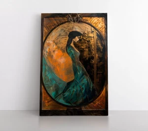 Impresión de arte de pared Art Deco para mujer sobre lienzo enmarcado, elegante decoración de cobre dorado verde azulado - Imagen 1 de 12
