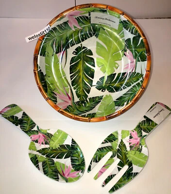 X3 Tommy Bahama PALM LEAVES & BIRD OF PARADISE MELAMINE 10" SALAD BOWL PLUS--- - Image 1 of 3