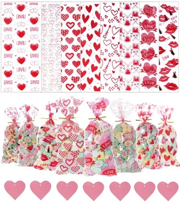 Bolsas de celofán de San Valentín 250 piezas, plástico transparente, lazos, etiquetas en forma de corazón Foto 1 de 4