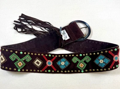 Raro Cinturón Desierto Tasha Polizzi Hecho a Mano Grano Semilla Ancha Marrón Gamuza Western Boho Foto 1 de 4