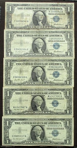 LOT FIVE $1 DOLLAR 1957 SILVER CERTIFICATE UNITED STATES NOTES WASHINGTON (D) - Picture 1 of 2